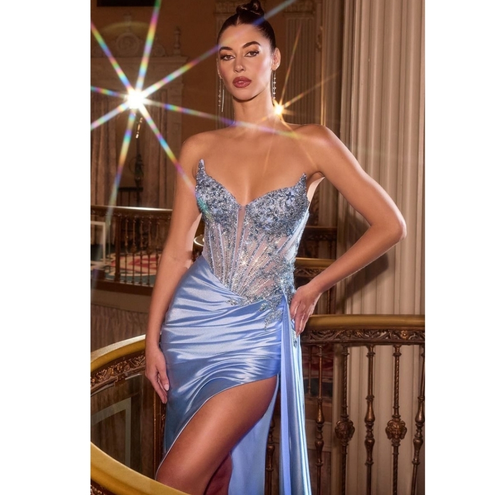 Strapless Light Blue Embellished Satin Evening Gown CD722